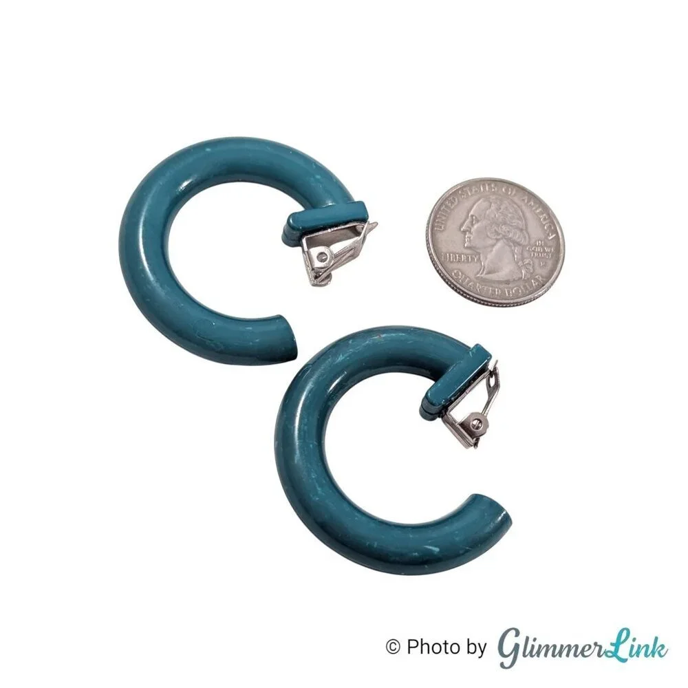 Vintage Dark Teal Plastic Hoop Clip On Earrings